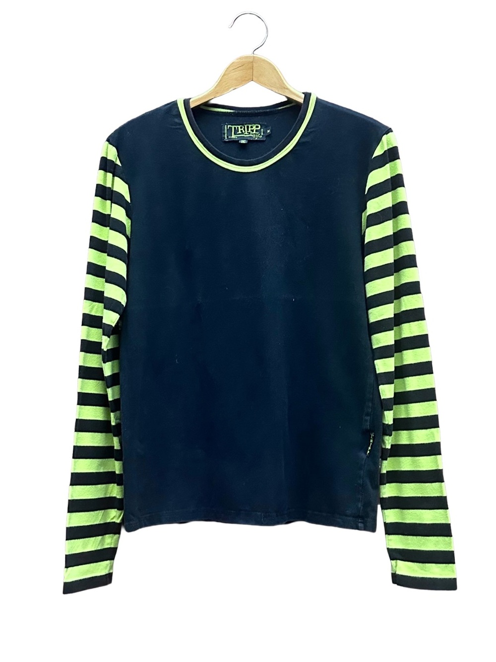 Tripp NYC Man Shirt Black Neon Green Chartreuse Striped Sleeves M Medium